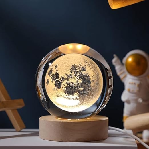 3D Moon Crystal Ball Planet Crystal Ball Night Light with Warm White Dimmable LED Wooden Base - Decorative LED Lamp for Home, Office, Bedroom, and Gift Giving