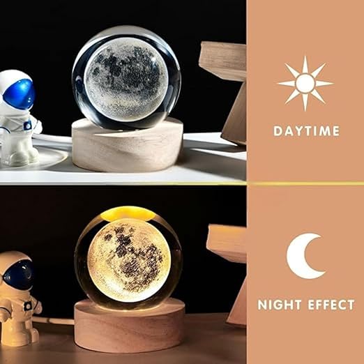 3D Moon Crystal Ball Planet Crystal Ball Night Light with Warm White Dimmable LED Wooden Base - Decorative LED Lamp for Home, Office, Bedroom, and Gift Giving