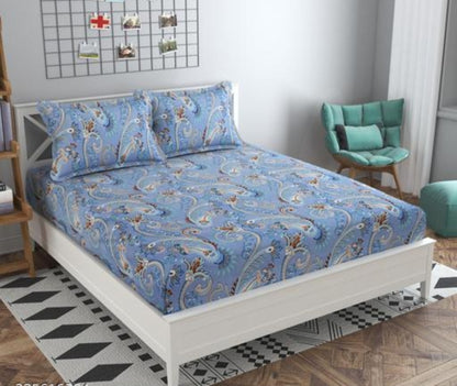 Super Soft Glace Cotton All Round Elastic Fitted Double Bed Bedsheet with 2 Pillow Covers-72x78x8